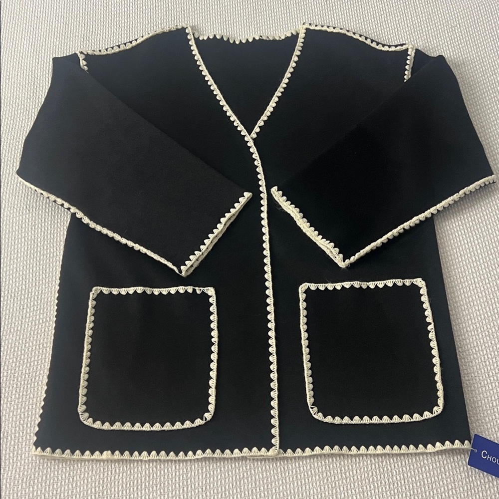 Black Open Front Cardigan with White Trim